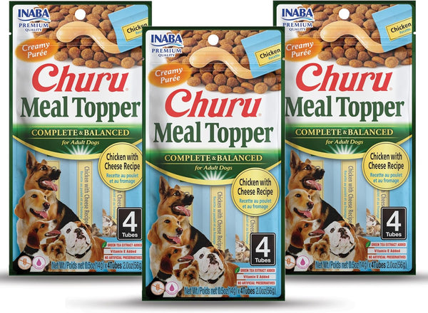 INABA Churu Meal Topper for Dogs, Creamy Lickable Purée Dog Food Topper, 0.5 Ounce Tube, 12 Tubes (Chicken with Cheese)
