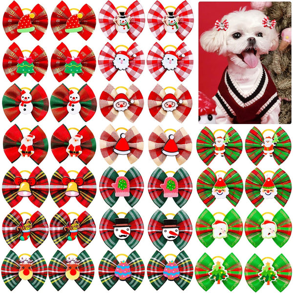 80pcs Christmas Small Dog Hair Bows, Bulk Plaids with Rubber Bands, Mix Christmas Pattern Pet Grooming Bows