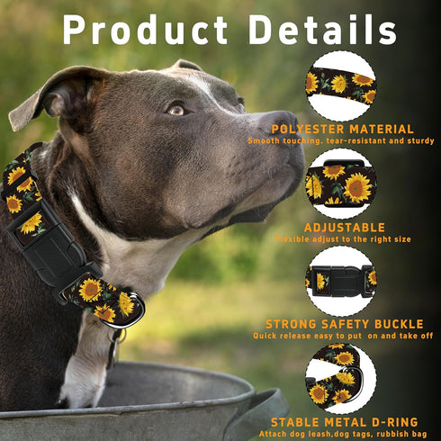 Dog Collar for Boys Girls, Sunflower Puppy Collar for Small Medium Large Dogs, Adjustable Soft Floral Pet Collar with