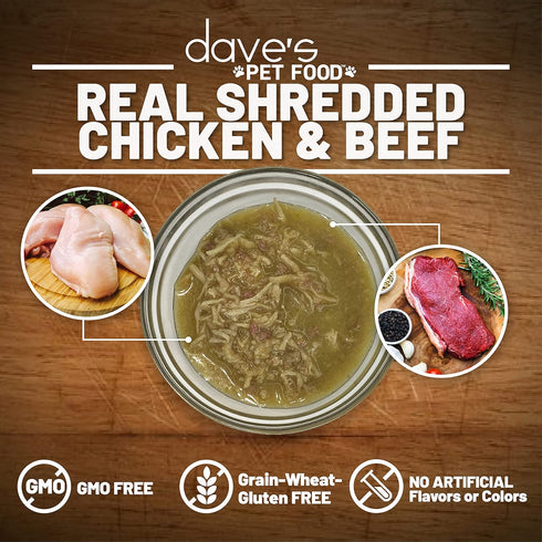 2.8 oz (24 Pack) Dave's Pet Food Grain Free Wet Cat Food (Shredded Chicken & Beef in Gravy), Naturally Healthy Canned