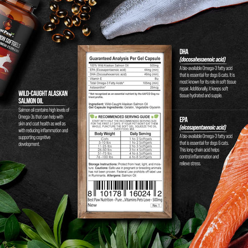 Best Paw Nutrition Pure Salmon Soft Gels for Dogs & Cats, 500mg Omega 3 Capsules Supplement