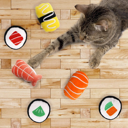 CiyvoLyeen 6 Pack Sushi Cat Toys with Catnip, Sushi Roll Pillow for Boredom Relief and Teeth Cleaning