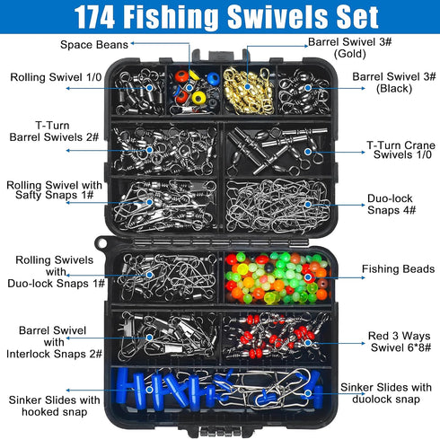 SILANON Fishing Tackle Kit with 174pcs Swivels, Sinker Slides, 3 Way Swivels, Duo Lock Snaps, Barrel Snap Swivels in