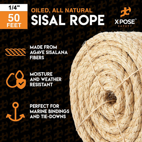Sisal Rope - 1/4 Inch Thick Rope - 50 Ft Rope - Heavy Duty Durable Natural Fiber Rope - Crafts, Cat Scratching Post, Cat Tree Rope Replacement, Scratch Tower for Cats - Indoor/Outdoor Carpet by Xpose Safety