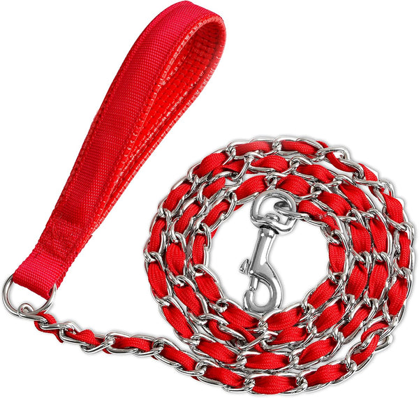 Heavy Duty Metal Dog Leash, Chew Proof Chain Leash with Comfortable PU Leather Padded Handle for Medium Large Dogs