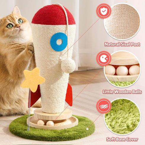 Cat Scratching Post, Rocket Cute Sisal Cat Scratcher with Durable Solid Wood Turntable Toy, Cat Scratch Post Red Cat