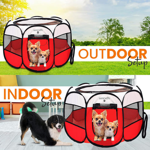 8-Panel SereneLife On-The-Go Foldable Portable Pet Tent Playpen for Dog & Cat w/Food/Water Bowl, Mesh Exercise Puppy