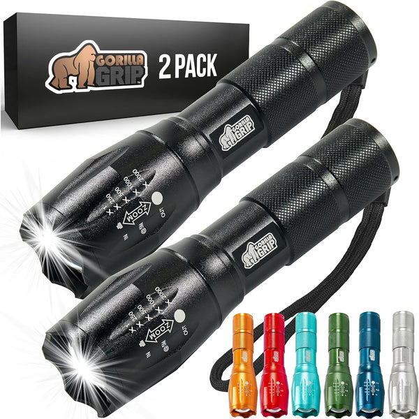 Gorilla Grip Powerful LED 750 FT Water Resistant Tactical Flashlight, High Lumens Ultra Bright, 2 Pack Black