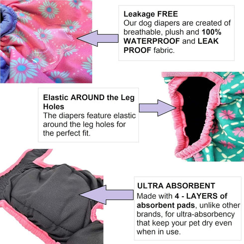 Pack 6 4 8" 12", Pack 6 of Female Dog Diapers with - Layers of Absorbent Pads Cat Panties Waterproof Leak Proof