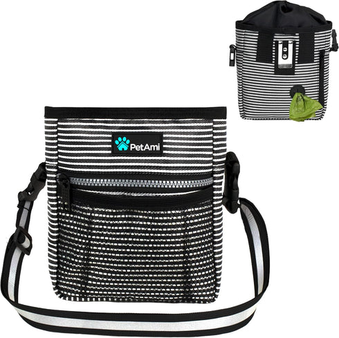 PetAmi Dog Treat Pouch, Training Bag Holder for Kibbles, Pet Food Toy, Poop Bag Dispenser (Black Stripes)