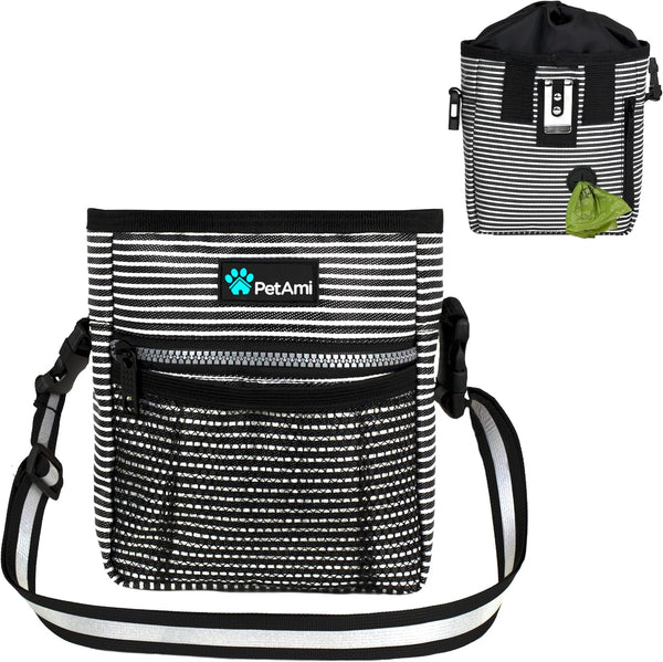 PetAmi Dog Treat Pouch, Training Bag Holder for Kibbles, Pet Food Toy, Poop Bag Dispenser (Black Stripes)
