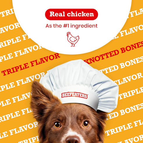 Beefeaters Dog Treats, Triple Flavor Mini Knotted Bones, 1.26oz, Case of 12, High Protein with Real Chicken