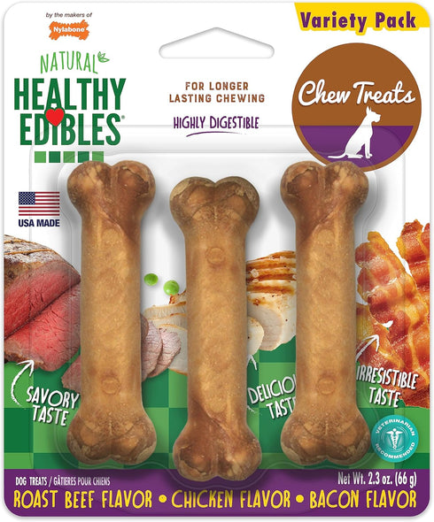 Nylabone Healthy Edibles Natural Dog Chews, Long Lasting Chew Treats, Roast Beef & Chicken Flavor, X-Small/Petite (3