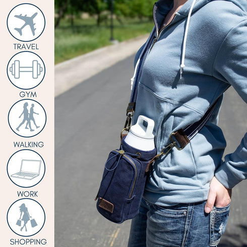 Water Bottle Holder for Walking, Durable Cotton Canvas with Genuine Leather, Insulated Crossbody Strap with Pocket