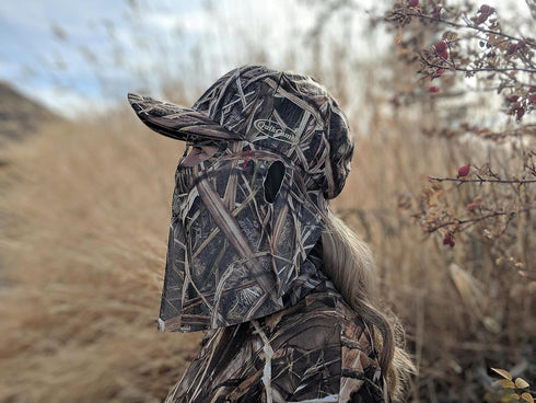 QuikCamo Mossy Oak Camo Hat with Built-in Face Mask for Duck Hunting, Adjustable Velcro Closure