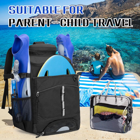 Swim Backpack for Swimmers, Equipment Bag with PVC Transparent Bag for Workout Gear, Black