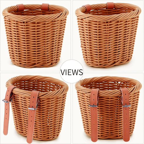 Kid's Bike Basket for Girls Small Woven Wicker Cruiser Bicycle Accessories with Handlebar Streamers Bell for Ages 3-13