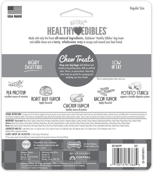 Nylabone Healthy Edibles Natural Dog Chews, Roast Beef, Chicken & Bacon Flavor Treats for Dogs, Small/Regular (3 Count)