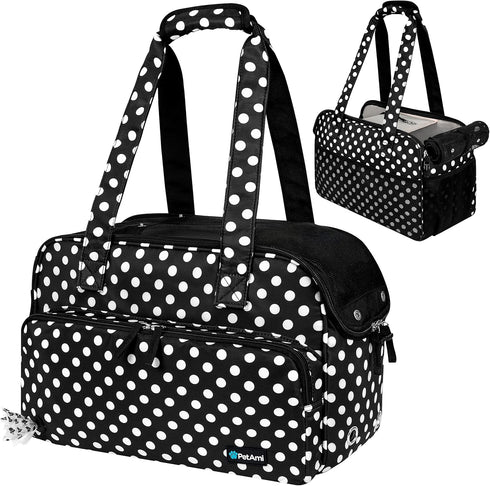 PetAmi Small Dog Purse Carrier, Soft-Sided Bag with Pockets, Airline Approved, Max 18 lbs, Polka Dot Black
