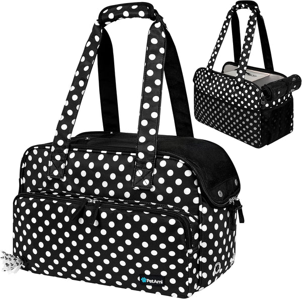 PetAmi Small Dog Purse Carrier, Soft-Sided Bag with Pockets, Airline Approved, Max 18 lbs, Polka Dot Black