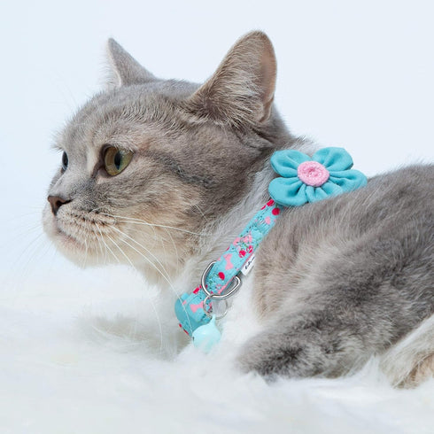 Blueberry Pet Pack of 2 Adjustable Breakaway Cat Collars, Lovely Cherry and Floral Prints with Flower & Bell, Neck