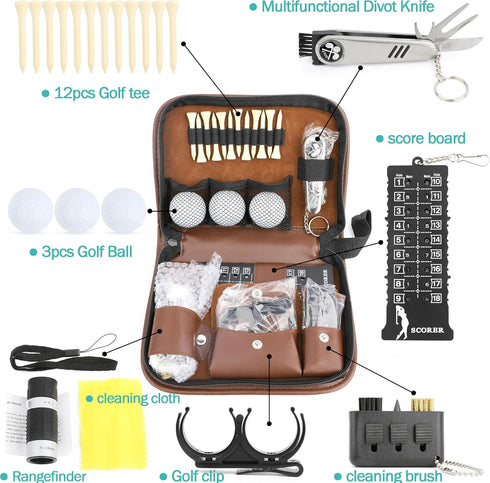 Wolfman Golf Accessories Set with Hi-End Case, Golf Balls, Rangefinder, Tees, Brush, Divot Knife, Scorer