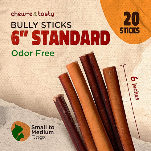 chew-e&tasty 6 Inch Bully Sticks for Dogs (Pack of 20) - Natural, USDA Certified, Odor Free High Protein Treats