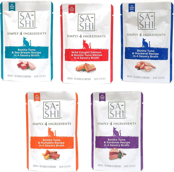 Sa-Shi Grain Free Wet Cat Food Pouches, 1.76oz, Five Flavors (Variety Pack)