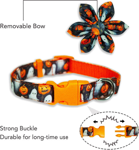 Halloween Dog Collar with Sunflower Bow - Holiday Pumpkin and Spook Collar for Small, Medium, Large Pets, Puppies