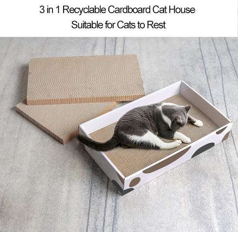 3 Packs Cat Scratcher Pad with Box, Durable Cardboard Refill, 3 in 1 Recyclable Cat House