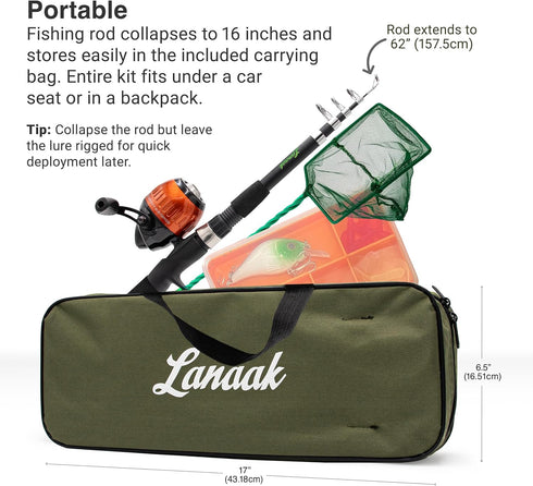 Kids Fishing Pole and Tackle Box - with Net, Travel Bag, Reel and Beginner’s Guide for Boys, Girls, or Youth