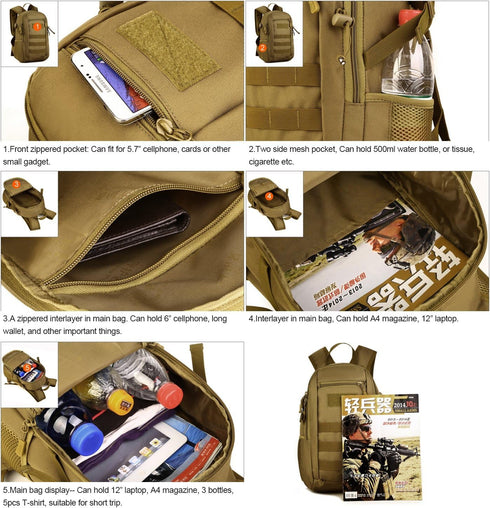 HUNTVP 10L/20L Mini Daypack Military MOLLE Backpack Rucksack for Tactical Assault, Hunting, Camping, Trekking