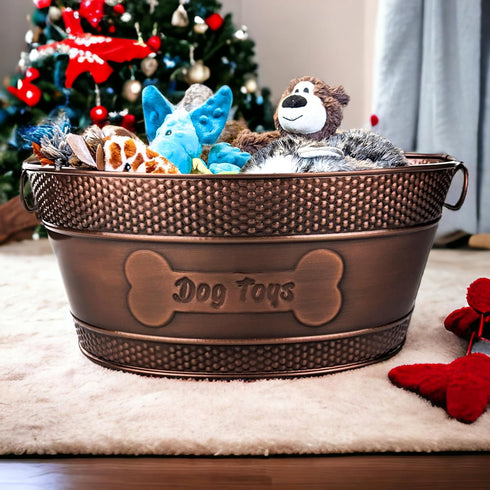 Indestructible Metal Dog Toy Bin, Copper Galvanized Storage Box with Handles, Dog Bone Design for Chew Toys, Blankets,