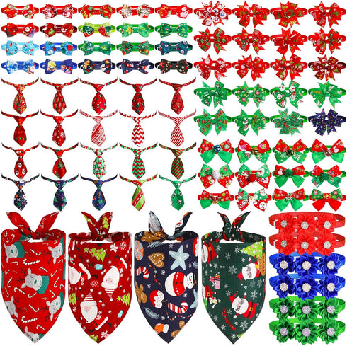 Christmas Adjustable Dog Ties Set - 85 Pcs Includes Bow Tie, Neckties, Flower Bowknot, Bandana, Scarf for Xmas Puppy Cat