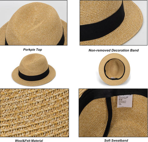 Straw Fedora Sun Hats for Women & Men, Summer Short Brim Roll Up Trilby Hat, Packable Panama Jazz Hat