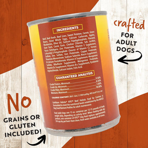 K95 13 oz Earthborn Holistic Beef Recipe Grain-Free Canned Moist Dog Food Can