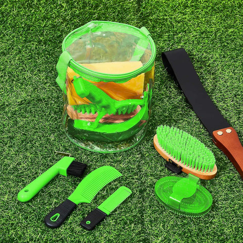 9 Set Cunhill Pcs Horse Grooming Kit Tack Room Supplies with Tote Bag, Oval Massage Curry, Hard and Soft Brush, Hoof