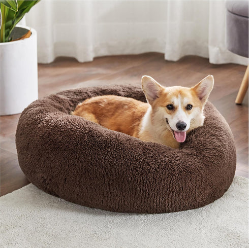 Bedsure Calming Dog Bed for Medium Dogs, Donut Washable Pet Bed, Anti-Slip Round Fluffy Faux Fur, Coffee