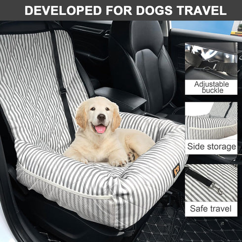 Portable Pet Car Seat for Small to Medium Dogs - Striped Booster Bed (Size M)