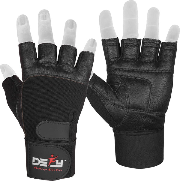 DEFY Padded Weight Lifting Gloves with 13" Long Wrist Wrap Genuine Leather