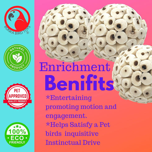 1214 Pk3 3-Pack, 2" Bonka Bird Toys All-Natural Sola Atta Balls, Diameter, Soft and Lightweight Chew and Foot Toys