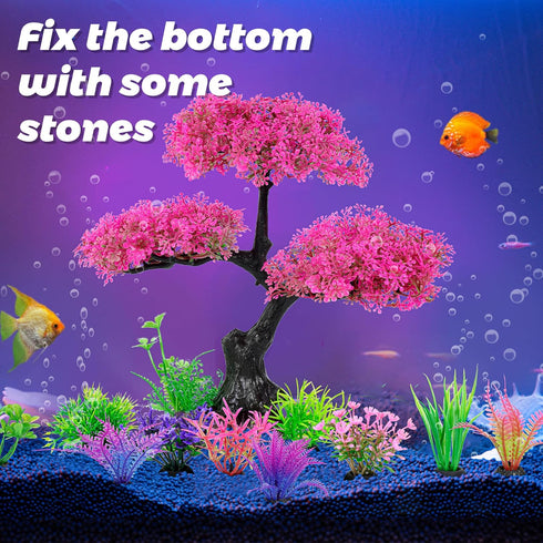 Ameliade Pink Cherry Blossom Tree & Grass Aquarium Decor Set, Artificial Plastic Plants for Goldfish Betta Fish Tank