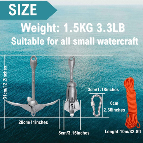 Kayak Anchor Kit, 1.5/3.5lb Small Boat Folding Grapnel Anchor with 32.8 ft Tow Rope