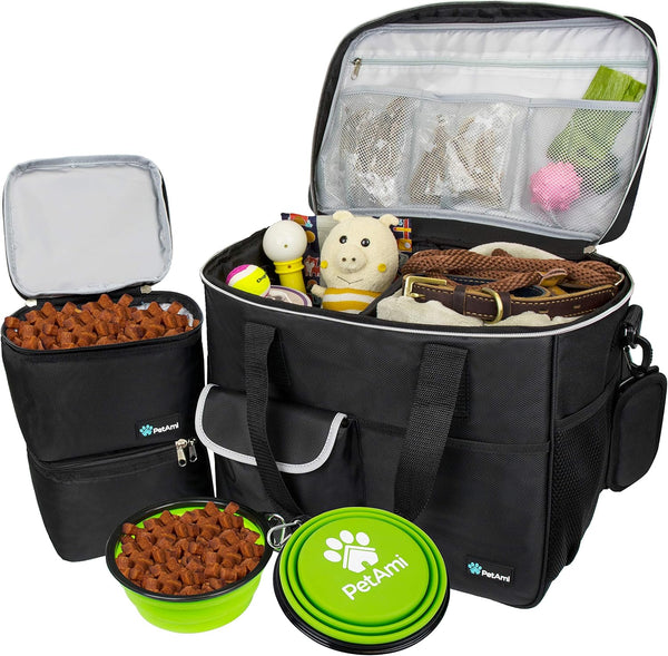 PetAmi Dog Travel Bag - Organizer with Food Container, Bowls & Accessories