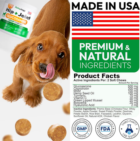 170 Hemp Hip and Joint Supplement for Dogs - Glucosamine for Dogs - Mobility Support Chews - Advanced Joint Pain Relief
