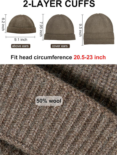 vidsel Thin Wool Fisherman Beanie Hat for Men Women - Fall Winter Short Knit Cuffed Fashion Trawler Skull Cap