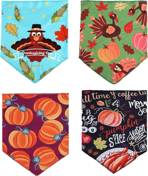 BoomBone 4 Pack Thanksgiving Dog Bandanas, Pumpkin Turkey Triangle Bibs Pet Scarf