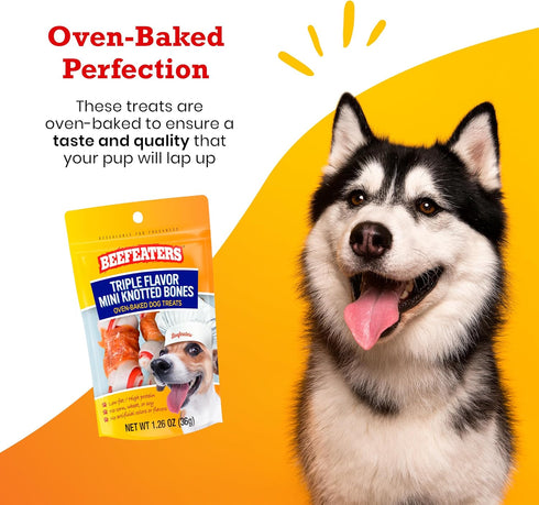 Beefeaters Dog Treats, Triple Flavor Mini Knotted Bones, 1.26oz, Case of 12, High Protein with Real Chicken