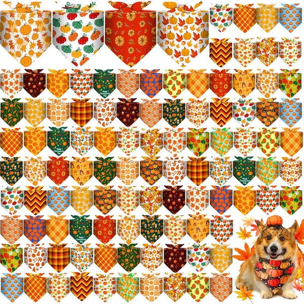 Sanwuta 120 Pcs Thanksgiving Fall Bandanas for Dogs Bulk Pumpkin Maple Leaf