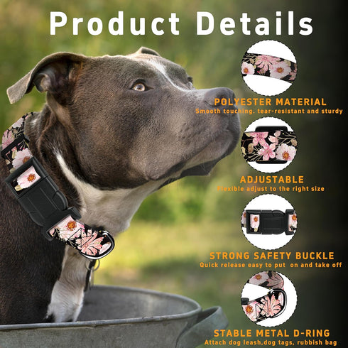 Dog Collar for Boys Girls, Floral Puppy Collar for Small Medium Large Dogs, Adjustable Soft with Safety Buckle, Light